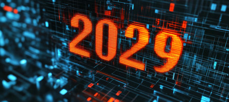 Glowing Digital Single 3D Number 2029 In Technology Background For Futuristic Style Designの素材
