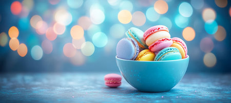Colorful Macarons French Dessert Macarons in a Blue Bowl on a Blurred Background with Bokeh.の素材