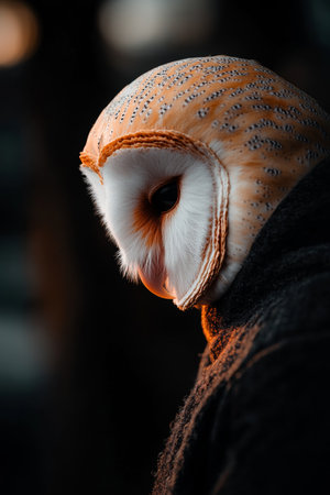 Barn Owl in profile with shadow and light, evoking human likeness, anthropomorphic portrait.の素材
