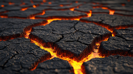 Cracked Earth Texture, Glowing Lava Seams, High-Contrast Landscape Photography, Macro Closeupの素材
