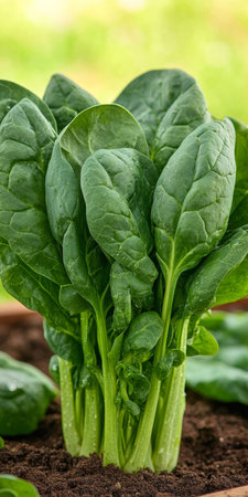 Fresh Organic Spinach Growing In Summer Allotment Patch. Delicious Healthy Leafy Greensの素材