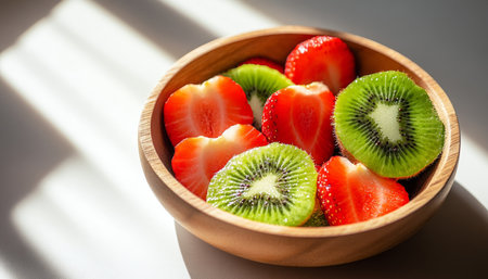 Fresh Fruit Bowl Slices In Bowl, Strawberries And Kiwi On White Table, Healthy Breakfast Concept.の素材