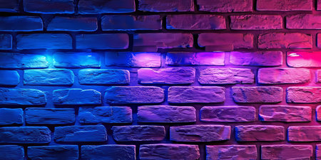 Neon Lights on Blue and Purple Brickwork, A Background of Vibrant, Illuminated Textureの素材