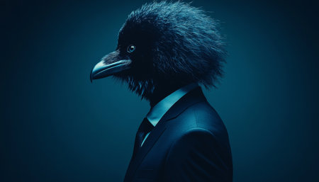 Anthropomorphic Raven Businessman in Suit, Profile View on Dark Blue Background, Surreal Portraitの素材