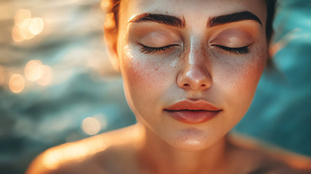 Golden Hour Serenity Close-up Of Young Woman With Freckles, Eyes Closed, In Warm Sunset Lightの素材