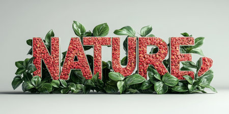 The Word Nature Crafted From Vibrant Red Plants Nestled In Lush Green Foliage On White Backgroundの素材
