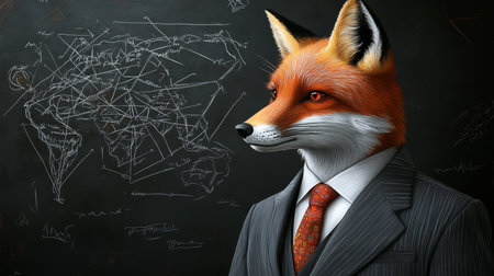 Shrewd Mind Anthropomorphic Fox in Suit Before Dark Background with Global Network Diagramの素材