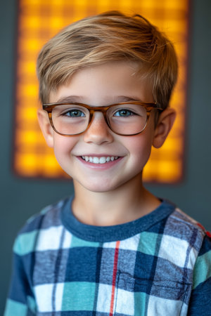 Smiling Young Boy with Glasses and a Playful Plaid Shirt in Front of a Colorful Eye Chartの素材