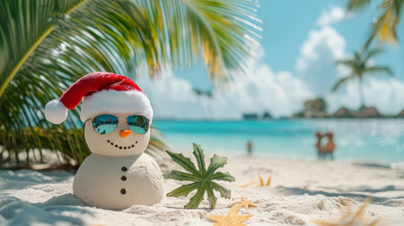 Sandy Snowman in Santa Hat and Sunglasses on Tropical Beach, Christmas Vacation Vibesの素材