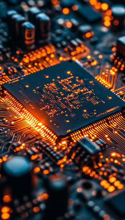 Glowing Microchip on Circuit Board Technology, Innovation, Powering the Digital Future.の素材