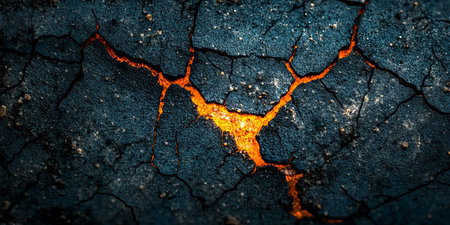 Molten Lava Flows Through Cracked Earth A Striking Contrast of Light and Dark, 8K Resolutionの素材