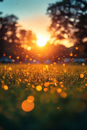 Golden Hour Sunlight Through Lush Green Grass, Peaceful Nature Scene With Bokeh, 8K Resolution.の素材