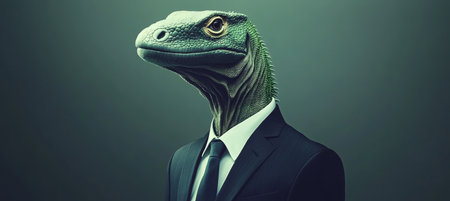 Anthropomorphic Reptile in a Suit on a Minimalist Background, Conveying Enigma and Sophistication.の素材