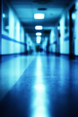 Empty Blurred Hospital Corridor, Abstract Medical Background With Empty Hallway in Blue Tonesの素材