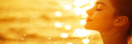 Golden Hour Bliss Serene Woman s Profile Illuminated by Warm Sunset Light, A Moment of Tranquilityの素材