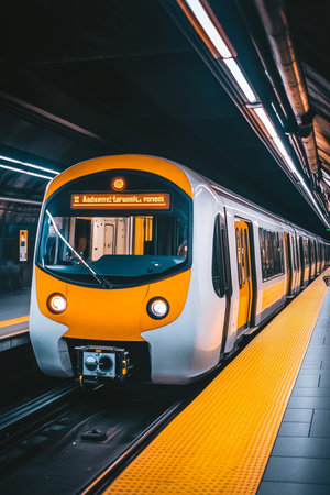 Modern Public Transport Illuminated Subway Train Waits at an Empty Platform, Ready for Passengersの素材