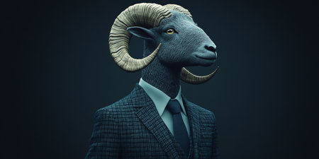 Anthropomorphic Ram with Human Suit, Blending Animal and Business Traits on Dark Background.の素材