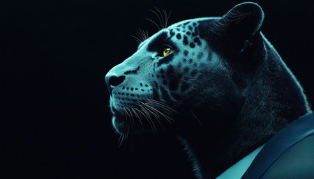 Anthropomorphic Panther in Suit, Blending Animal and Human, Profile on Dark Backgroundの素材