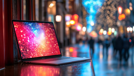 Open Laptop with Colorful Screen Display on Table in City at Night. Christmas Bokeh Lightsの素材