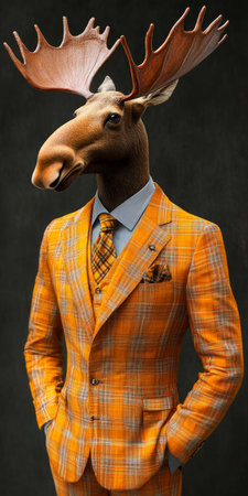 Dapper Moose in Orange Plaid Suit A Striking Side Profile Against a Moody Backgroundの素材