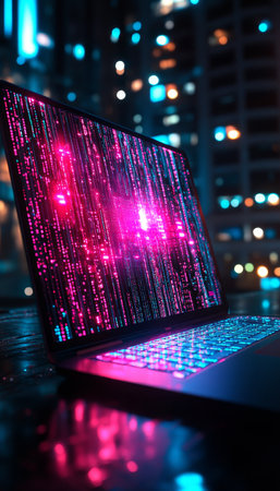 Futuristic Workspace Neon Laptop Glowing with Holographic Data Streams in Urban Nightscapeの素材