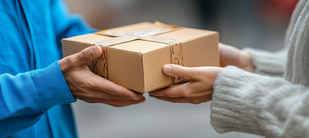 Delivery Person Hands Package To Customer In Close-Up, Home Delivery Service And Logistics Conceptの素材