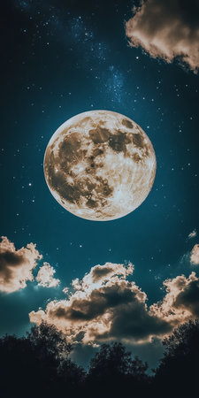 Full Moon Shining Through Fluffy White Clouds, Vibrant Night Sky with Twinkling Stars.の素材
