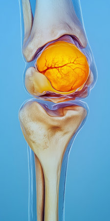 Inflamed Human Knee Joint Close-up Anatomical Rendering of Bone Structure Against a Blue Backgroundの素材