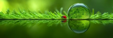 Macro Photography of a Red Ladybug on Green Grass with Pure Water Drop Reflecting a Green Backgroundの素材