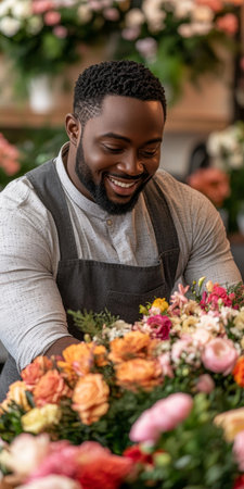 Smiling Male Florist Arranging Colorful Bouquets, Happy Flower Shop Small Business Owner At Work.の素材