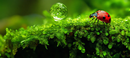 Ladybug Explores Lush Green Moss Adorned with Crystal-Clear Water Droplets, Macro Photographyの素材