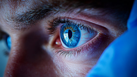 Close-up of Blue Eye Examination Doctor Assesses Patient s Vision in Medical Settingの素材