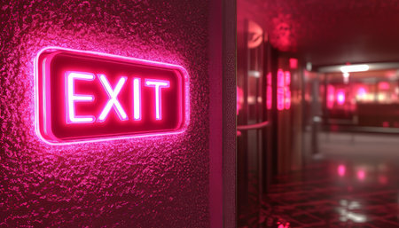 Vibrant Neon Exit Sign Illuminates a Dark Corridor, Providing Guidance and Safety During Emergenciesの素材