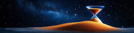 Hourglass on Sand Dunes Time Passes Against a Backdrop of Twinkling Stars and a Vast Galaxyの素材