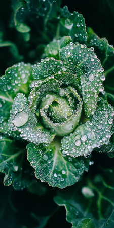 Vibrant Green Savoy Cabbage Close-up Fresh from the Garden, Adorned with Sparkling Water Dropletsの素材