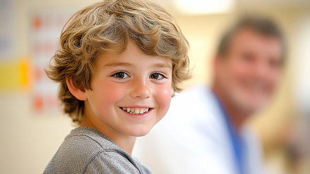 Young Boy with a Big Smile at the Eye Doctor Happy and Healthy Vision Care Experienceの素材