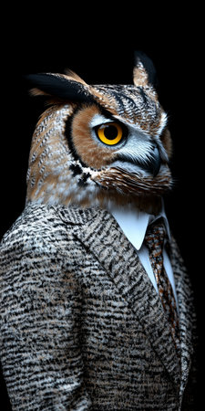 Anthropomorphic Elegance Owl in Suit and Tie, a Striking Portrait on Dark Backgroundの素材
