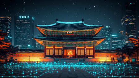 Gyeongbokgung Palace in Seoul, South Korea, illuminated at night with digital network overlayの素材