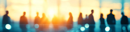 Blurred People Silhouettes, Modern Glass Wall in Sunset Light, Abstract Business Backgroundの素材