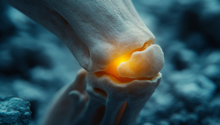 Close-up of a Human Knee Joint with Inflammation, Showing Detailed Bone Structure and Ligamentsの素材