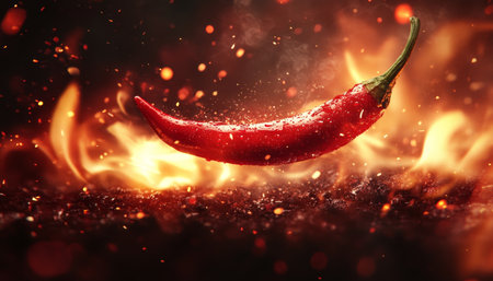 Red Hot Chili Pepper, Blazing Fire, and Dark Background A Dramatic Studio Lighting Photographの素材