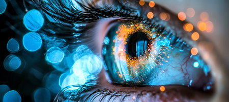 Tech Vision. Close-up of a Human Eye with Swirls of Digital Light, Blue and Orange Bokehの素材