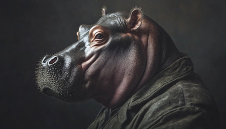 Anthropomorphic Hippopotamus in Profile, Wearing Suit, Dark Background, Animal Human Blendの素材