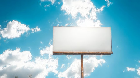 Blank White Billboard Against a Bright Blue Sky with Fluffy White Clouds, Ideal for Advertisingの素材