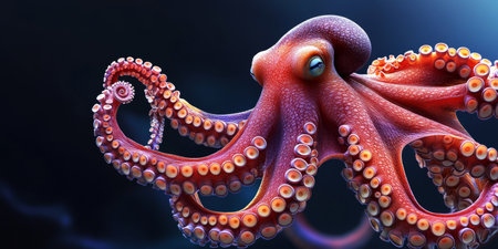 Giant Pacific Octopus Underwater, Striking Close-Up Portrait Showcasing Tentacles and Colorの素材