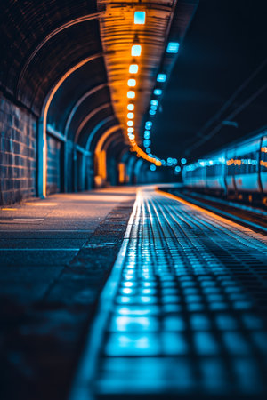 Empty Underground Train Station with Illuminated Platform and Train, Minimalist Urban Architectureの素材