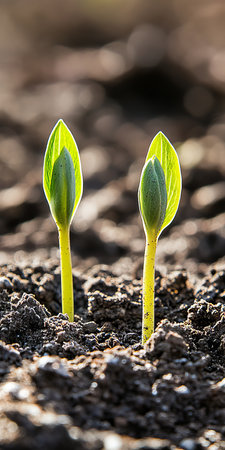 Two vibrant green hosta plant shoots emerge from rich soil, a symbol of spring and new beginnings.の素材