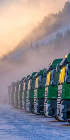 Green Trucks in Frosty Winter Morning A Line of Heavy Transport Vehicles on an Icy Roadの素材