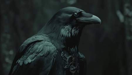 Mystical Raven in Profile Anthropomorphic Bird with Ornate Suit Against a Dark Backgroundの素材