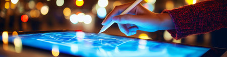 Woman s hand uses a stylus on a glowing digital tablet against a blurred city night backgroundの素材